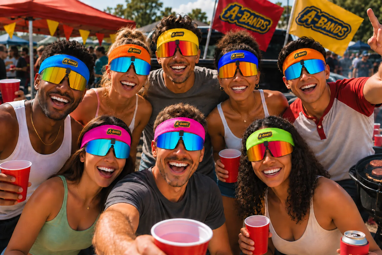Tailgate crew wearing colorful A-BANDS flip-up sunglasses on athletic headbands under A-BANDS flags